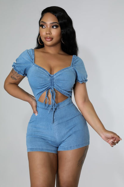 RUCHED OPEN FRONT DENIM ROMPER