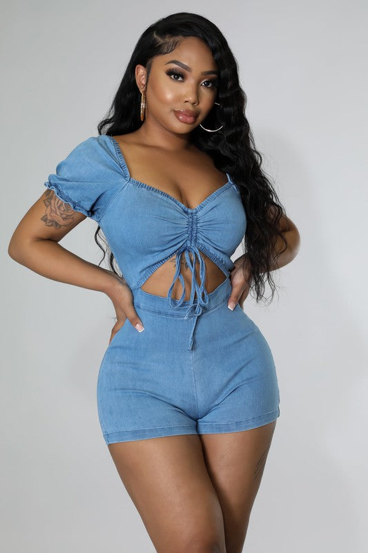 RUCHED OPEN FRONT DENIM ROMPER