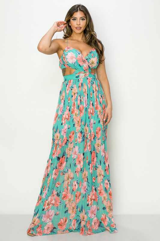 FLORAL CHIFFON ALLOVER PLEATED DRESS