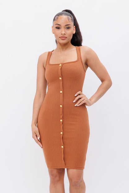 Front Non-Functional Button Tank Midi Dress