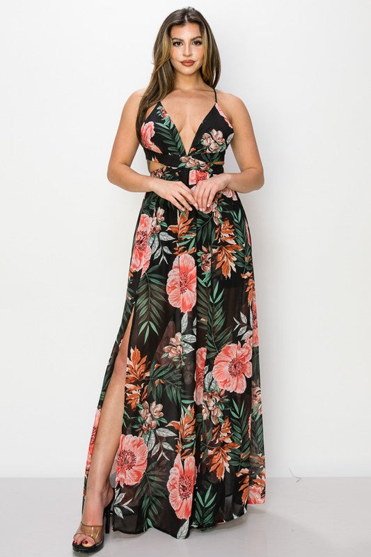 FLORAL CHIFFON CUT OUT WAIST OPEN/STRAP BACK DETAIL SLIT FRONT MAXI DRESS