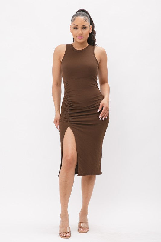 Front Side Elastic Shirring Side Slit Midi Dress