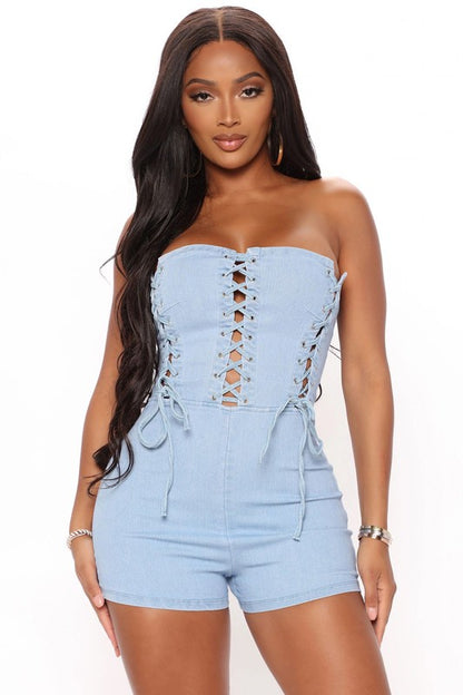 LACE UP DETAIL DENIM ROMPERS