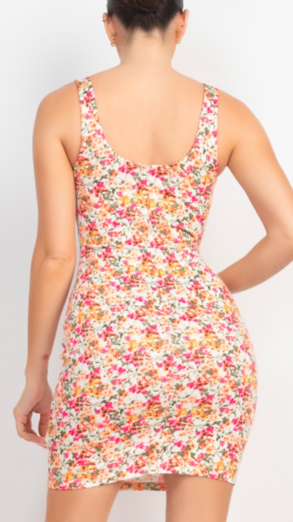 Split Neck Sleeveless Floral Mini Dress