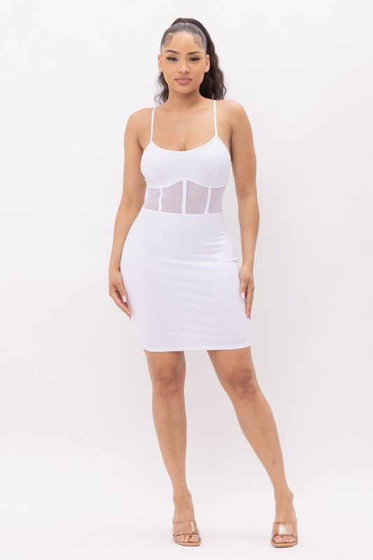 Front Contrast Mesh Corset Style Midi Dress