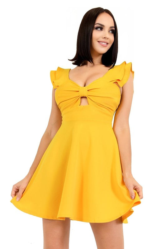 SLEEVELESS SOLID RUFFLE SHOULDER A-LINE DRESS