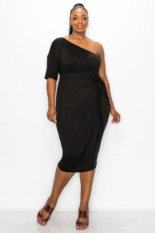 One Shoulder Wrap Tie Midi Dress