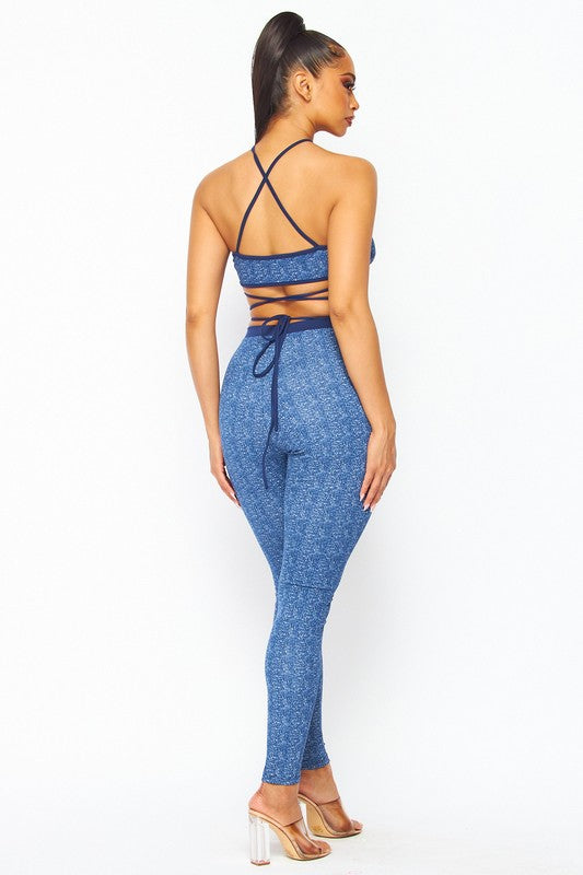 STRETCHED DENIM LOOK STRAPPY HALTER TOP AND LEGGING SET