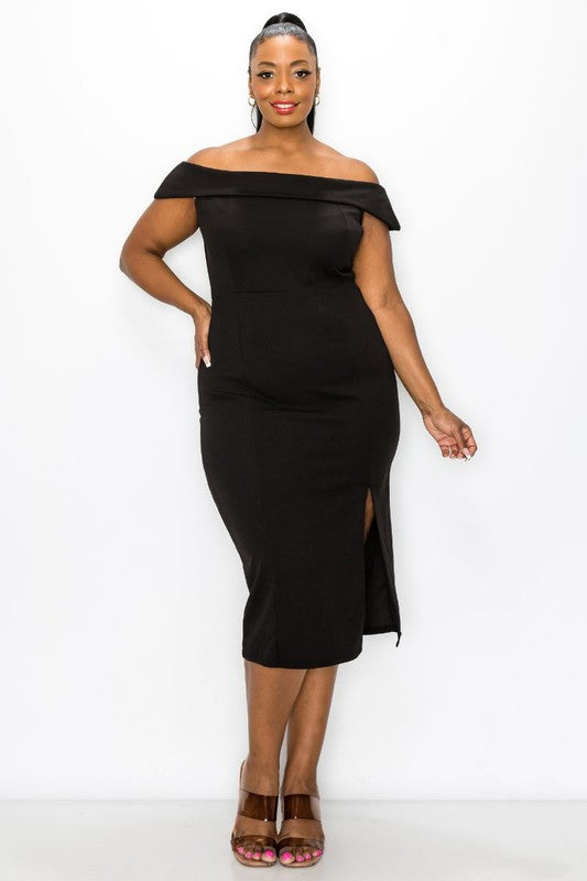 PLUS SOLID OFF SHOULDER BODYCON DRESS