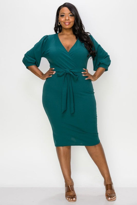 PLUS SIZE  SURPLISE ELBO SLEEVE DRESS ANS SELF BELT