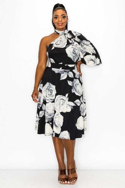 Plus One Shoulder Print Flare Dress