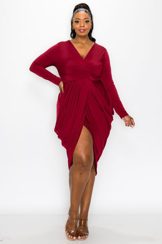 PLUS SOLID WRAP-STYLE DRAPED MIDI SURPLICE DRESS FEATURING SLIT AND THREE-QUARTER SLEEVES