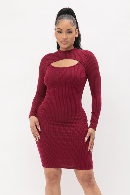 Knit Sweater Rib Front Cut Out Pullover Style Mock Neck Long Sleeve Midi Dress