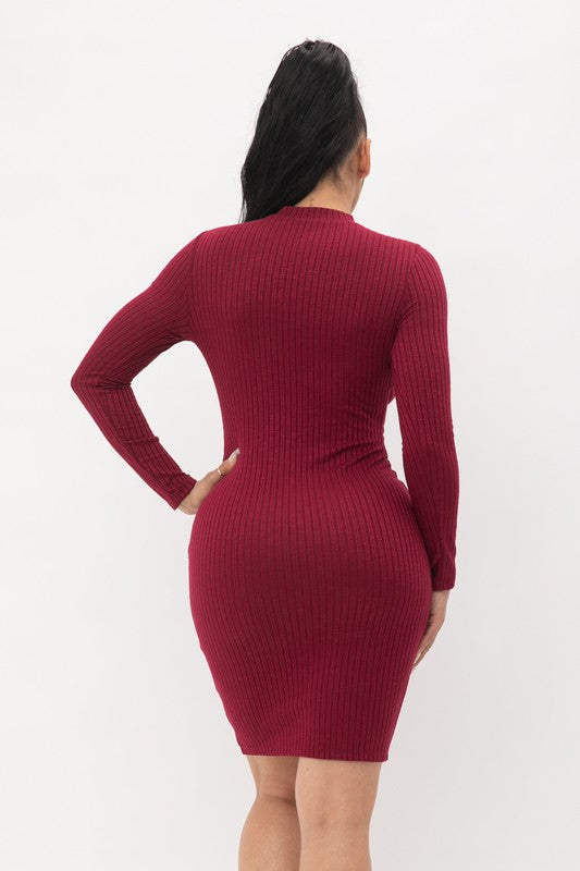 Knit Sweater Rib Front Cut Out Pullover Style Mock Neck Long Sleeve Midi Dress