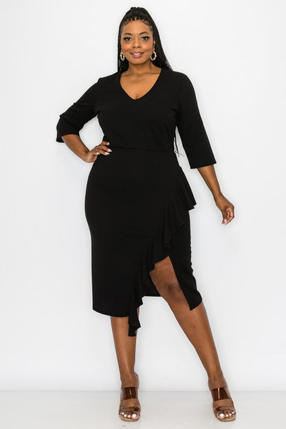 PLUS SOLID ELBO SLEEVE MIDI DRESS FRONT SLIT RUFFLE