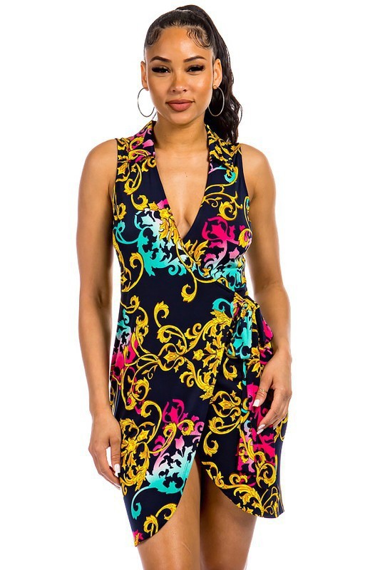 MULTI PRINT COLLARED WRAP SLEEVELESS DRESS