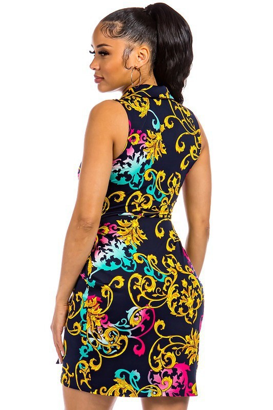 MULTI PRINT COLLARED WRAP SLEEVELESS DRESS