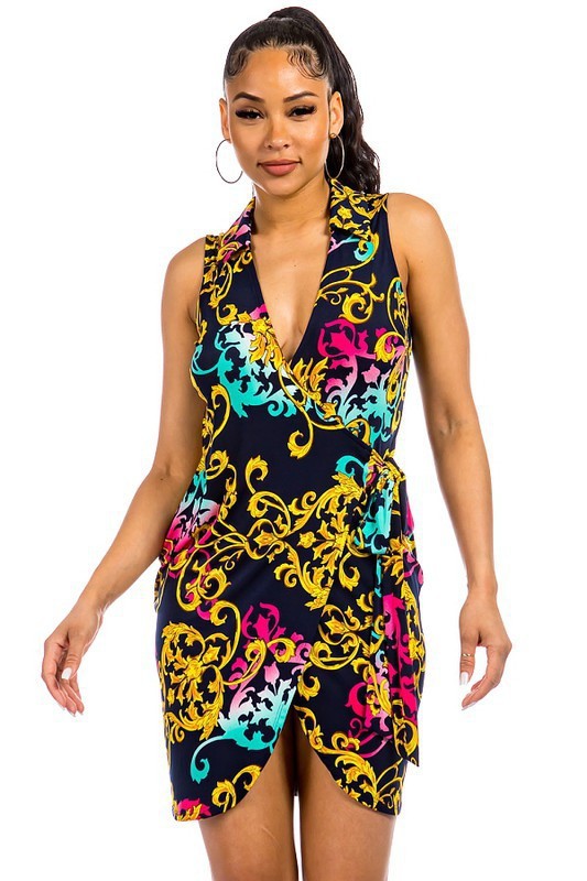 MULTI PRINT COLLARED WRAP SLEEVELESS DRESS