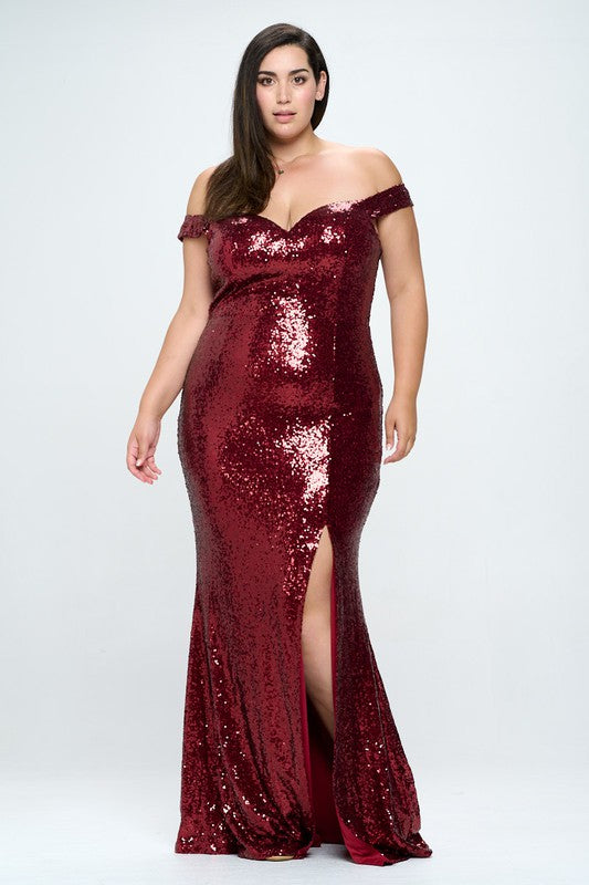 Off the shoulder sequins evening gown.