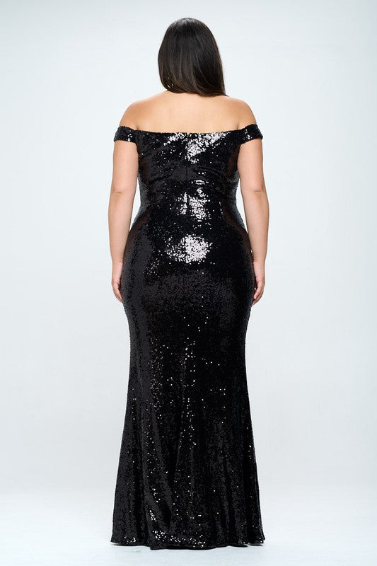 Off the shoulder sequins evening gown.