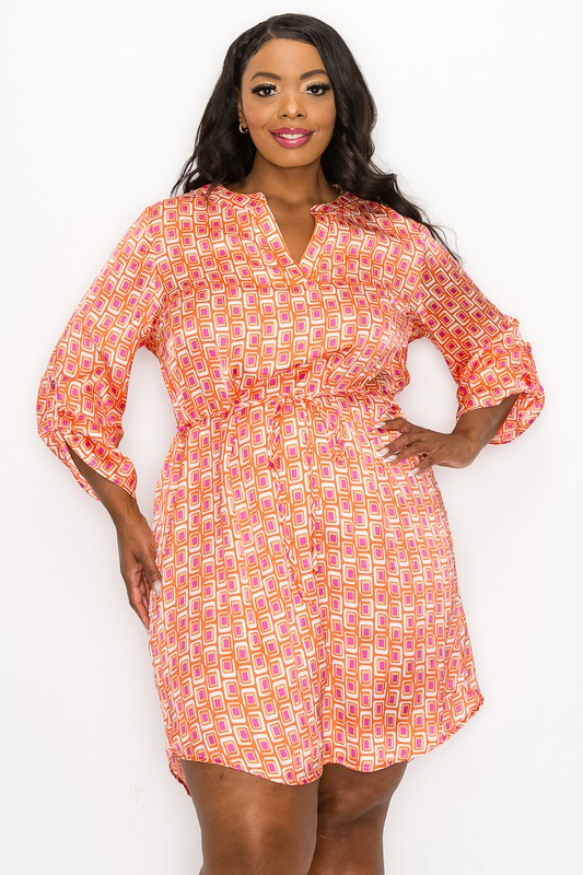 PLUS SIZE SATIN PRINT SHIRTS DRESS