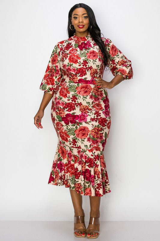 PLUS SIZE MOCK NECK SHORT SLEEVE MERMAID FLORAL DRESS