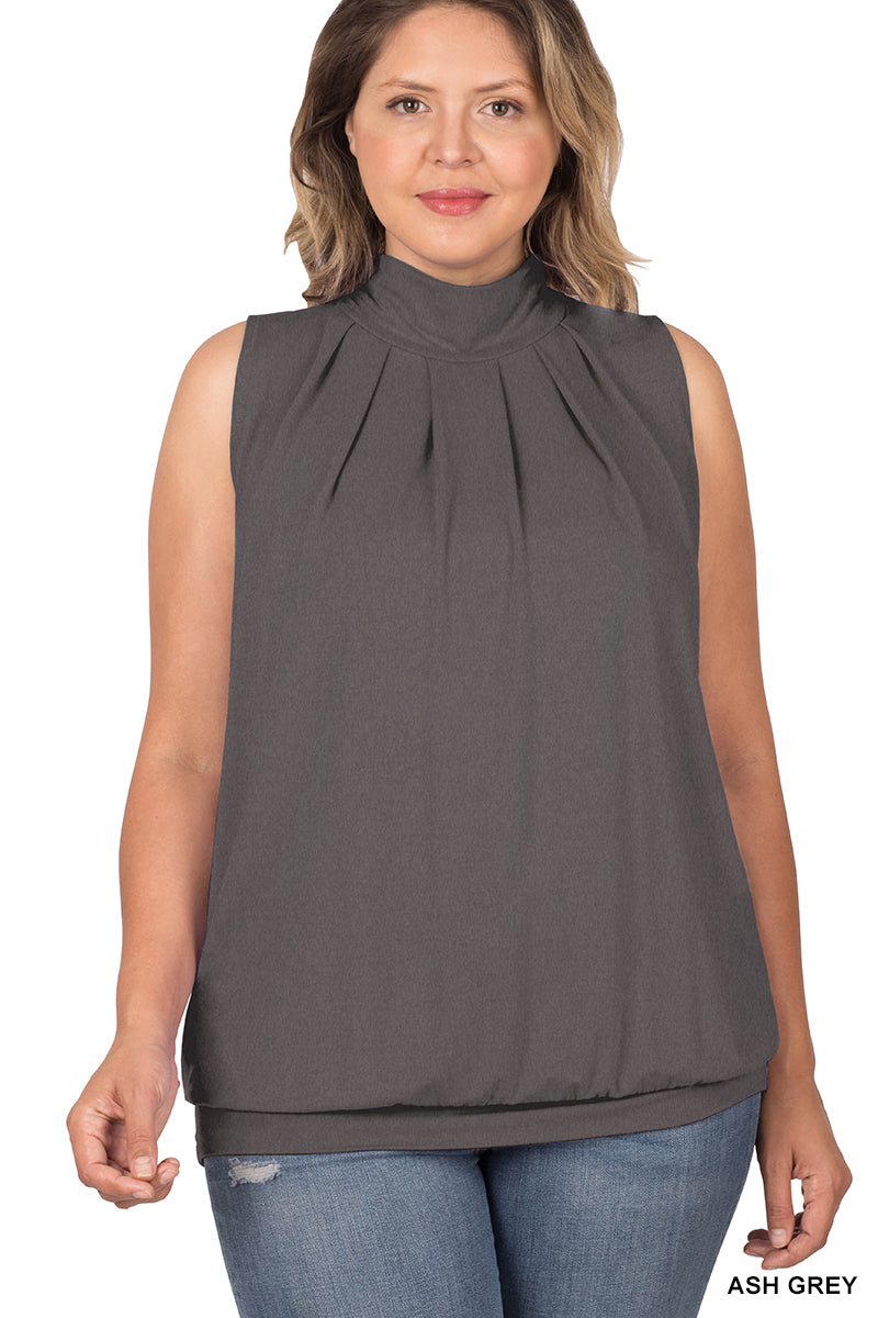 PLUS SLEEVELESS HIGH NECK PLEATED TOP WITH WAISTBAND