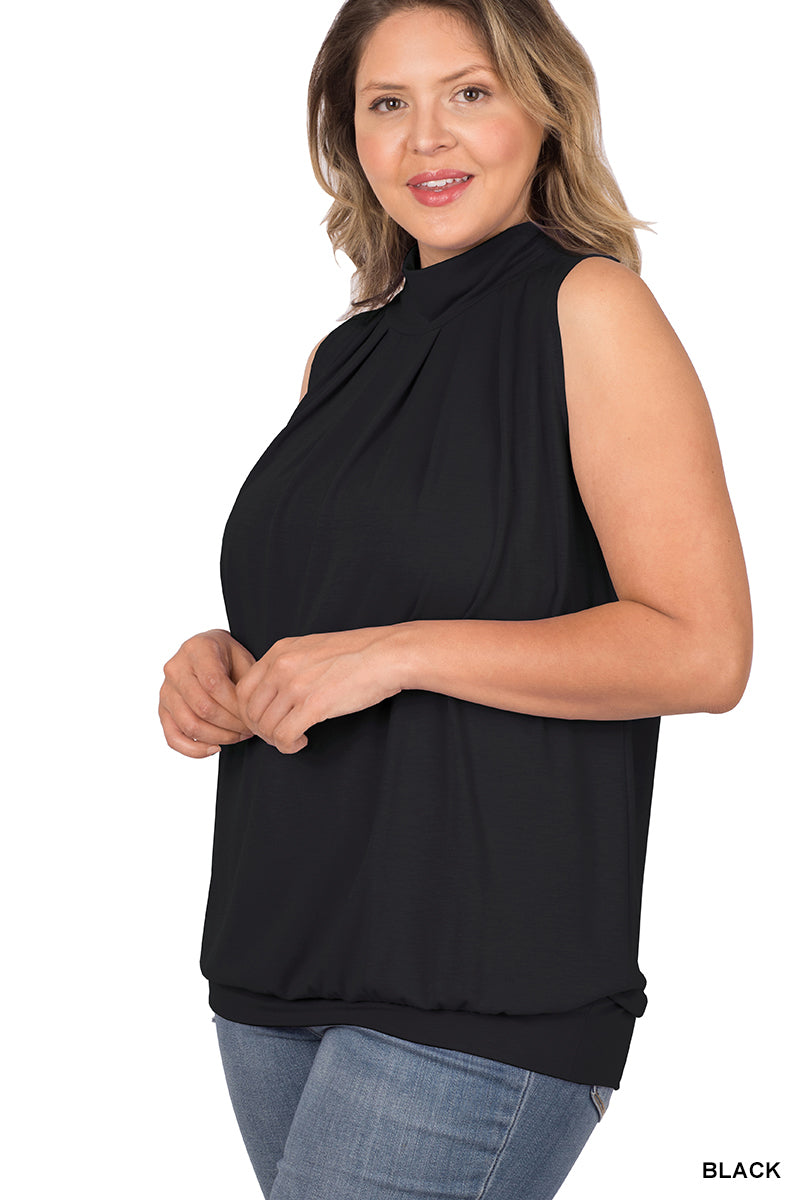 PLUS SLEEVELESS HIGH NECK PLEATED TOP WITH WAISTBAND