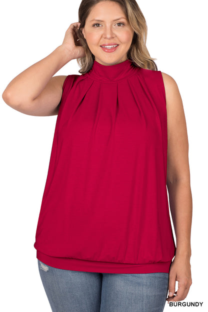 PLUS SLEEVELESS HIGH NECK PLEATED TOP WITH WAISTBAND